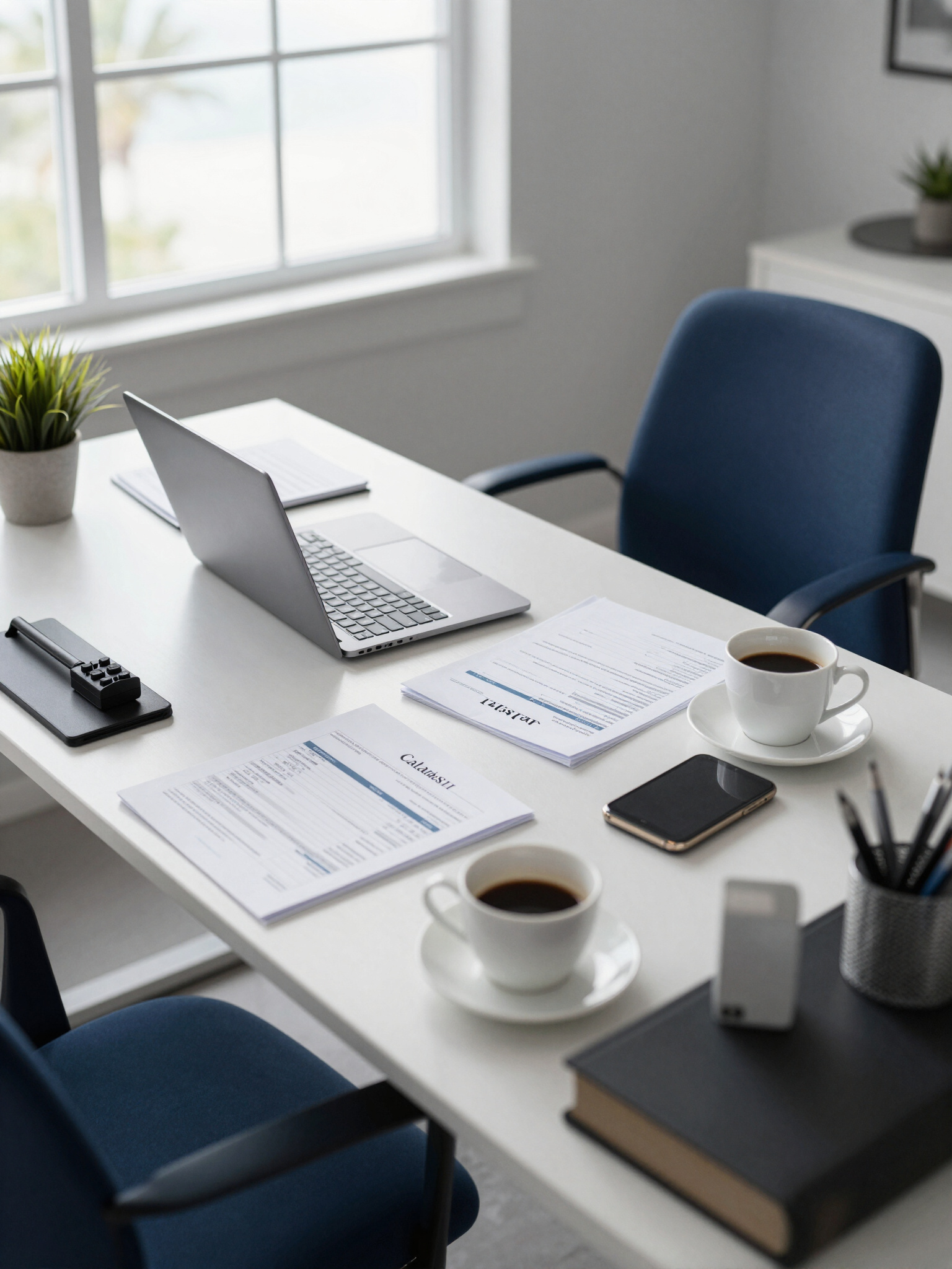 Tax paperwork, laptop, and coffee on a sunlit office desk