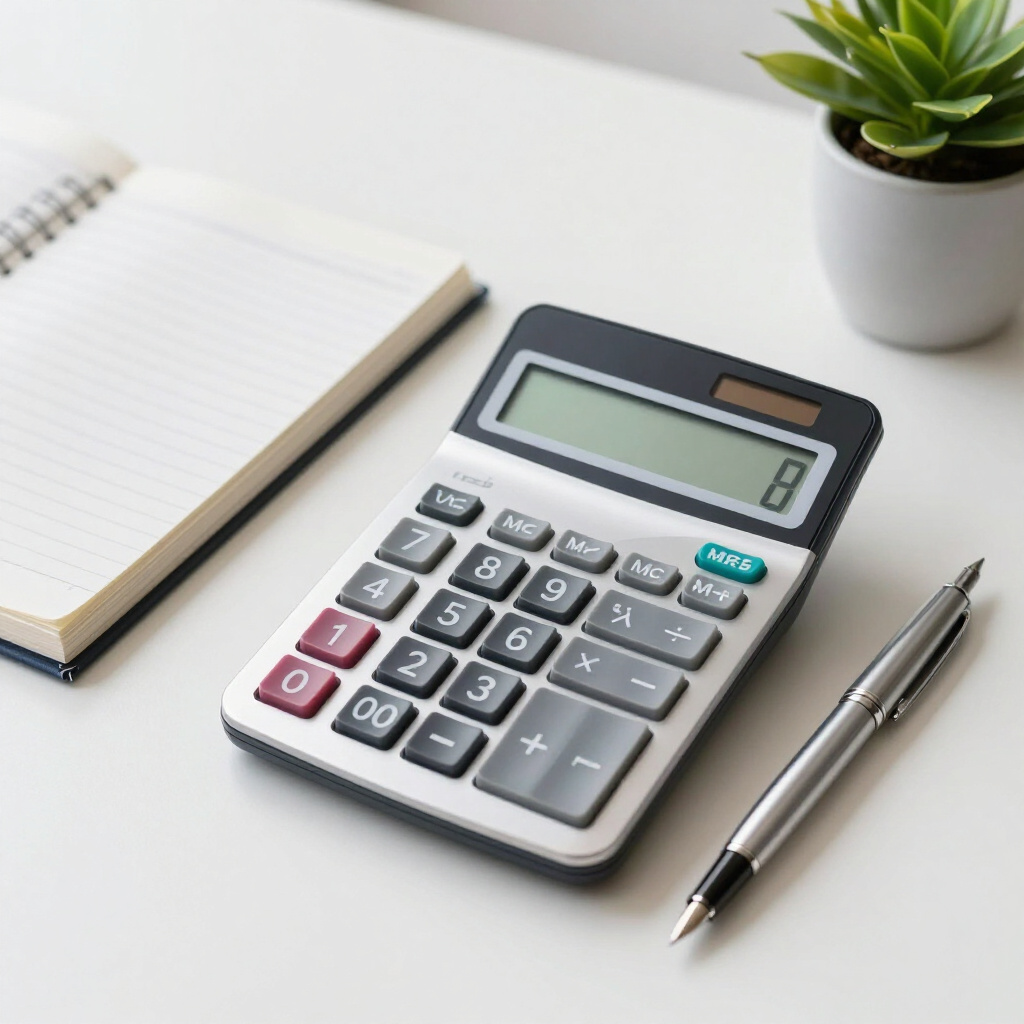 Desk calculator, pen, and open notebook